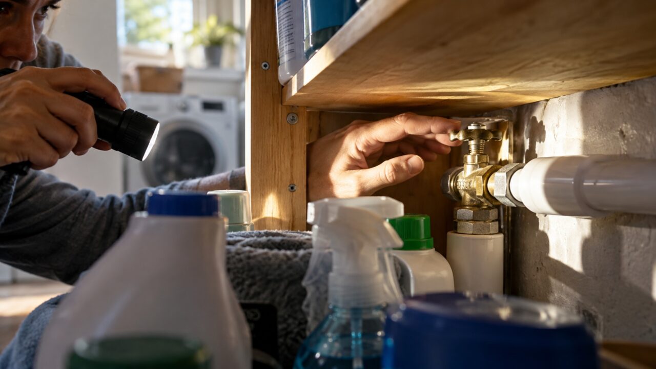 Depois de instalar um armário até o teto na lavanderia, moradora precisa fechar a água da casa e encontra o registro escondido atrás de uma prateleira fixa