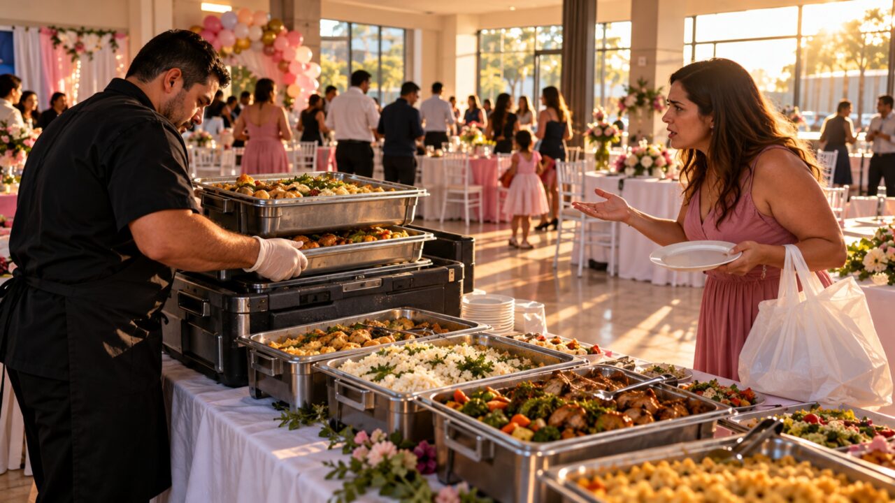 Depois de pagar por um buffet para 60 pessoas, família vê a equipe recolher travessas cheias e é impedida de levar as sobras para casa