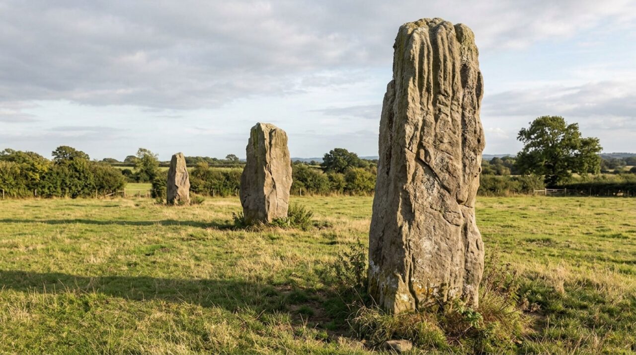Os três monólitos Devil's Arrows permanecem erguidos em Boroughbridge, e análises minerais identificaram sua origem em Brimham Rocks