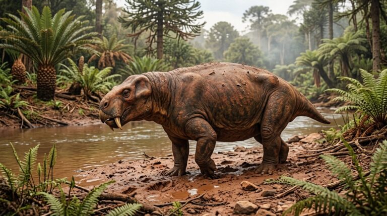 Reconstrução hipotética de Dinodontosaurus isiyavamanda, dicinodonte herbívoro que habitou a atual Tanzânia durante o Triássico Médio