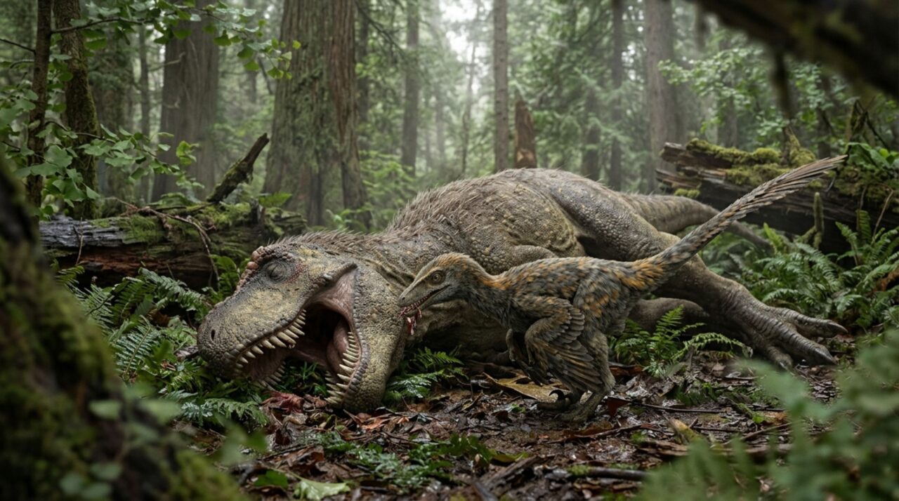 Reconstrução mostra a hipótese de um pequeno dromeossaurídeo aproveitando a carcaça de um Albertosaurus jovem no Cretáceo Superior