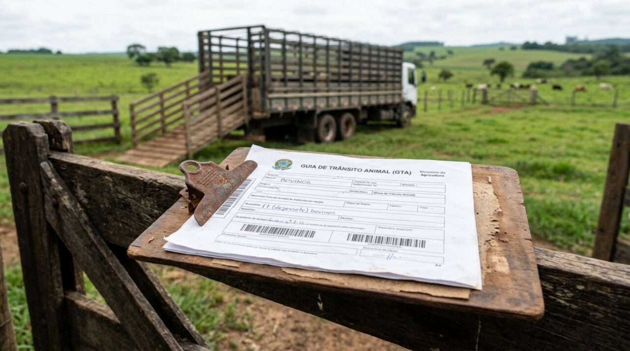 Guia de Trânsito Animal impressa sobre uma prancheta em um curral, com identificação de 17 bovinos e caminhão boiadeiro ao fundo.