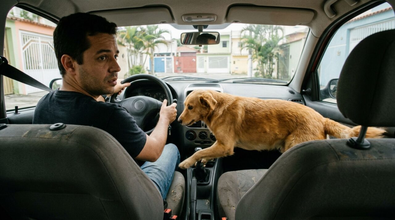 Motorista leva seu cachorro solto no banco da frente para um passeio de poucos minutos e descobre que o transporte de animais pode gerar infrações quando interfere na segurança da direção