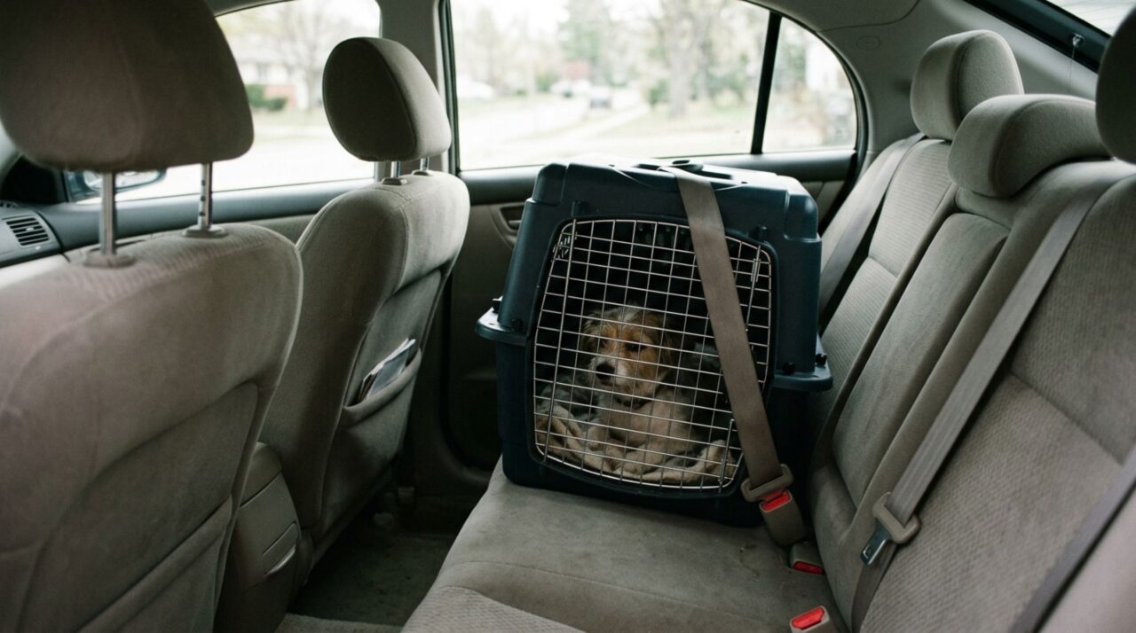 Caixa de transporte fixada no banco traseiro ajuda a proteger o cachorro e evita interferências na direção
