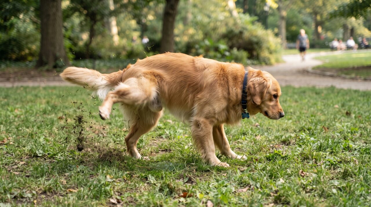 O motivo pelo qual os cães ciscam o chão com as patas traseiras depois de fazerem as necessidades