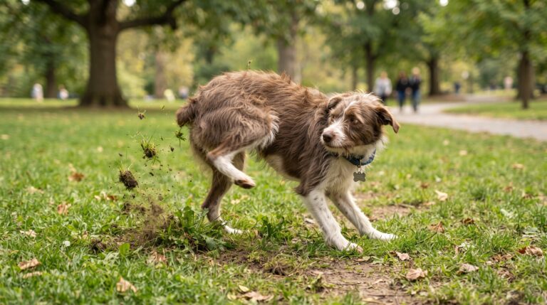 O motivo pelo qual os cães ciscam o chão com as patas traseiras depois de fazerem as necessidades