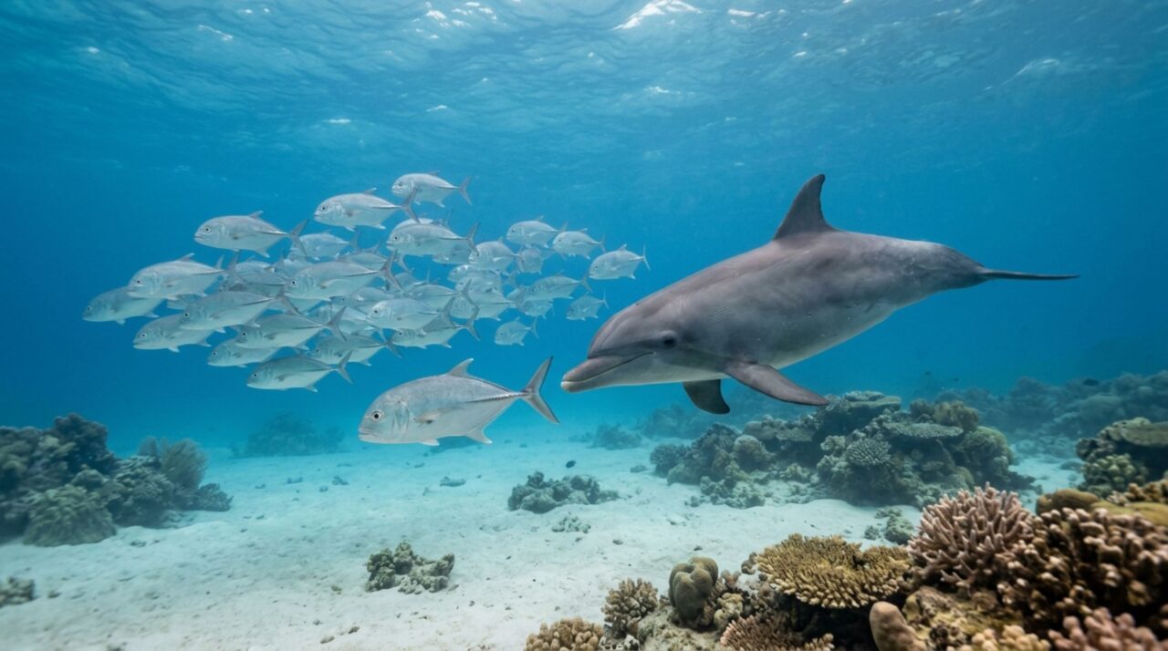 Um golfinho encurrala peixes até eles devolverem a comida e Bubbles criou um roubo de refeição nunca detalhado em cetáceos