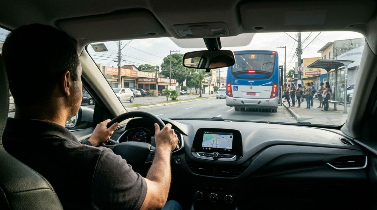 Motorista vê um ônibus parado para embarque de passageiros, decide ultrapassá-lo sem reduzir a velocidade e descobre que a legislação exige cuidados especiais ao passar por veículos de transporte coletivo