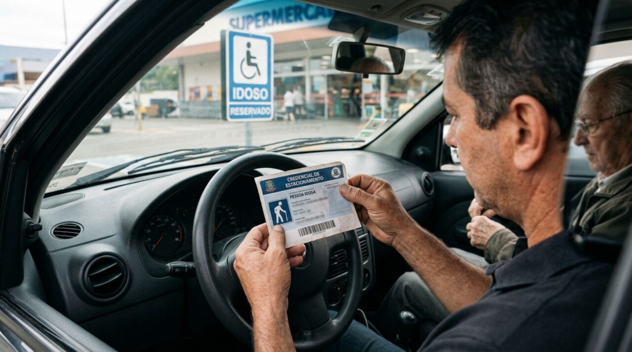 Motorista leva o pai idoso ao supermercado, estaciona em uma vaga reservada e descobre que a idade do passageiro, sozinha, não substitui as exigências de identificação para utilizar o espaço