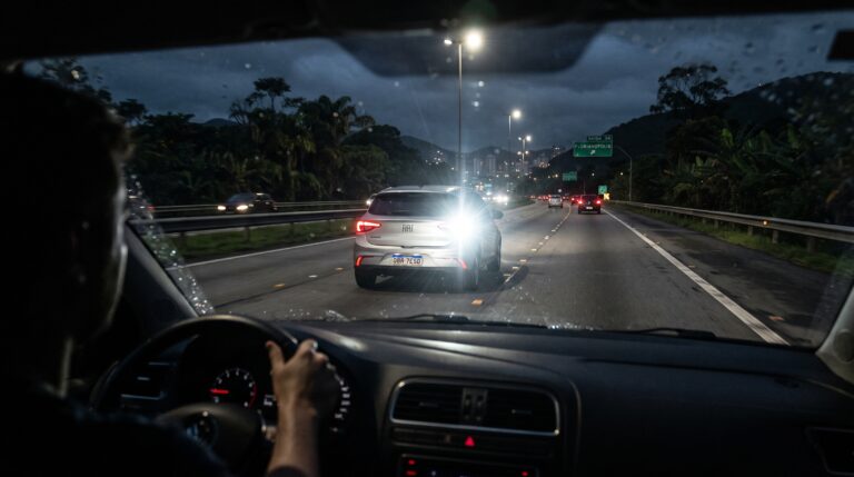 Multa de trânsito por piscar farol alto na traseira de outros carros em rodovias.