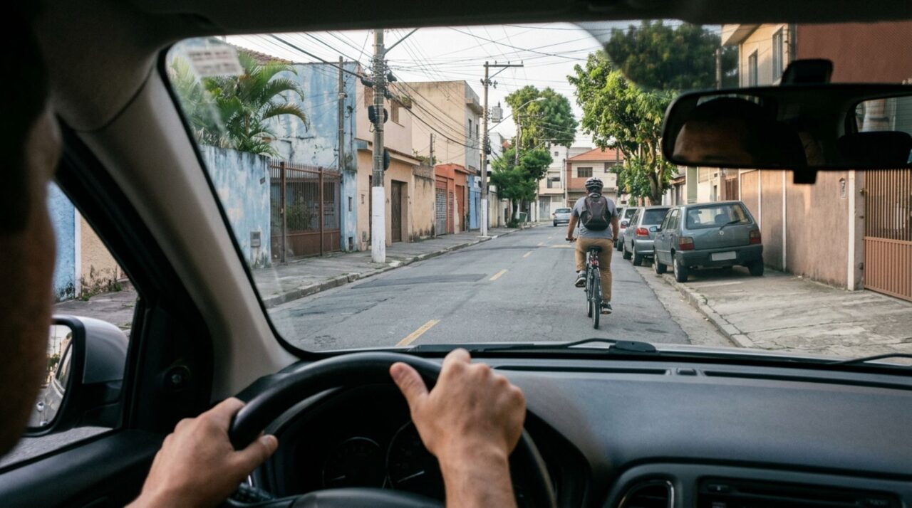 Ciclista pedala diariamente por uma avenida sem ciclovia e percebe que os carros passam muito perto de sua bicicleta, até descobrir que existe uma distância mínima prevista na legislação para determinadas manobras