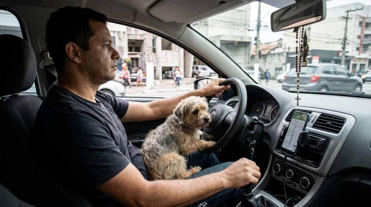 Cachorro vai no colo do motorista durante o passeio e transforma uma cena comum em conduta prevista no Código de Trânsito