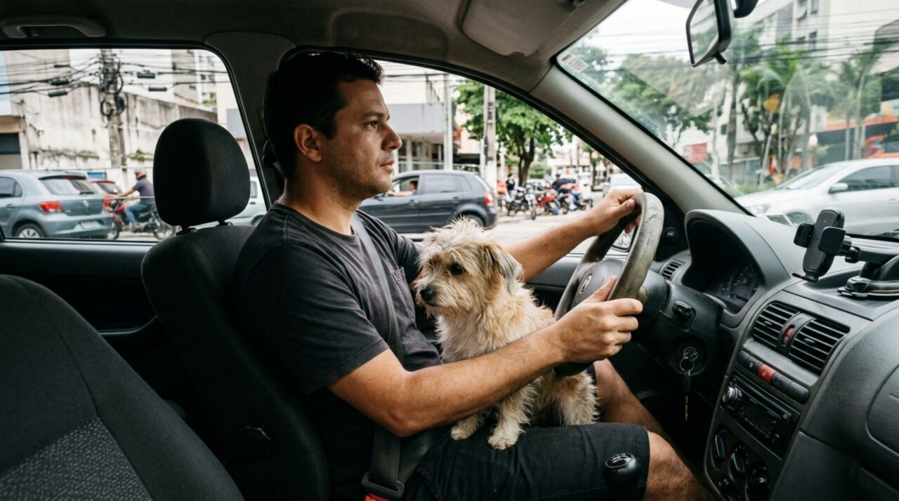 Homem leva o cachorro pequeno no colo durante um trajeto de poucos minutos e descobre que o tamanho do animal não muda a regra do CTB