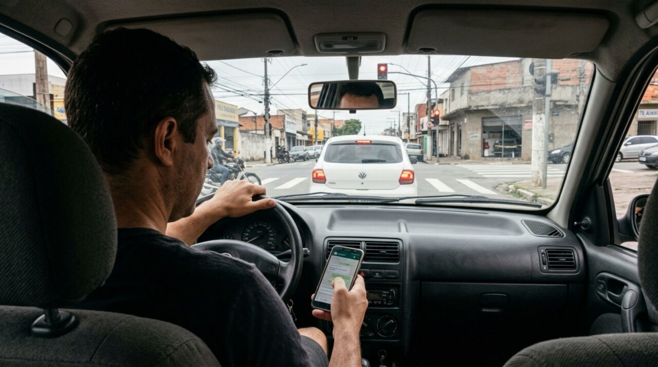 Motorista aproveita o semáforo fechado para responder a uma mensagem, acredita que a infração só acontece com o carro em movimento e descobre como o CTB trata o celular durante a parada no trânsito