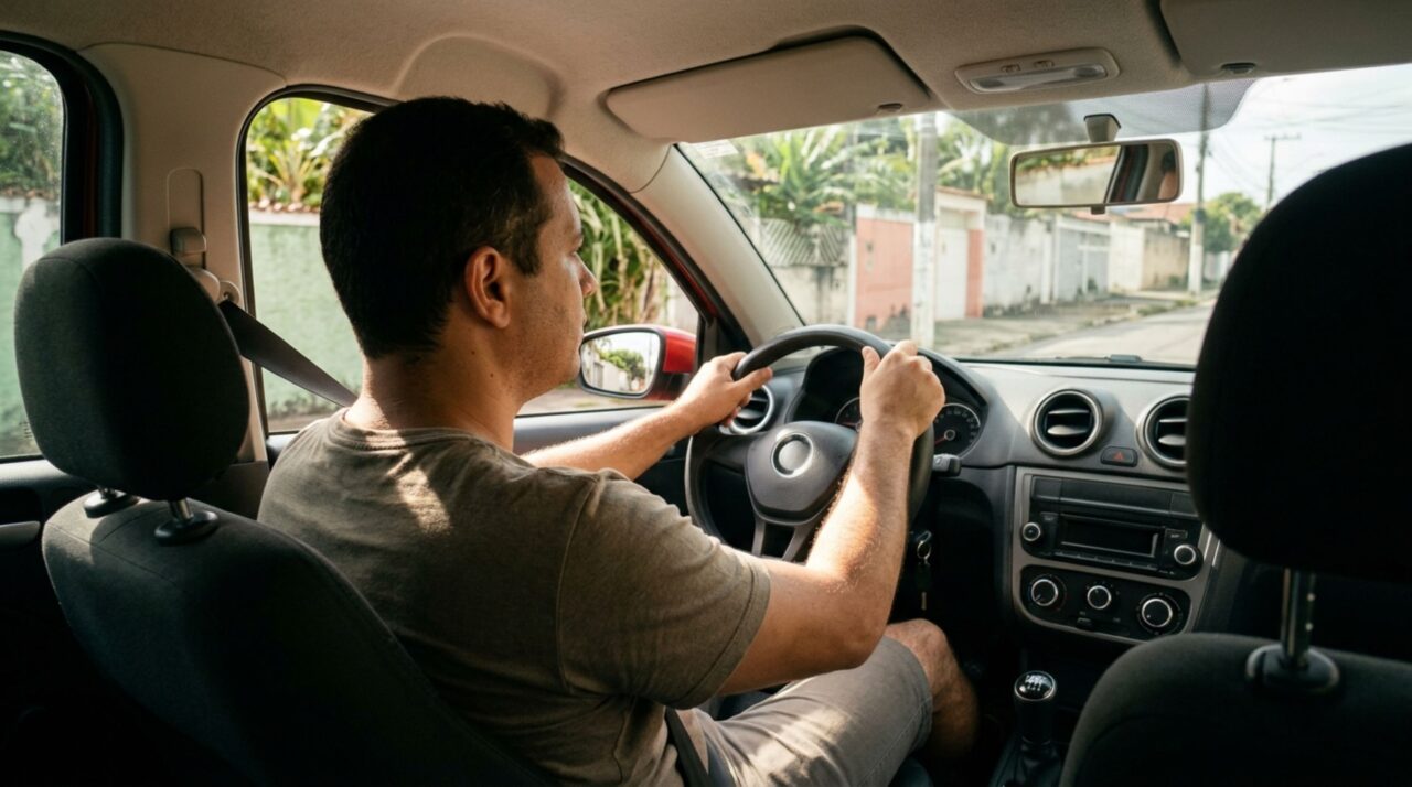 Motorista dirige com o braço esquerdo apoiado para fora da janela durante um dia quente, acredita que apenas precisa manter a outra mão no volante e descobre a infração prevista no CTB