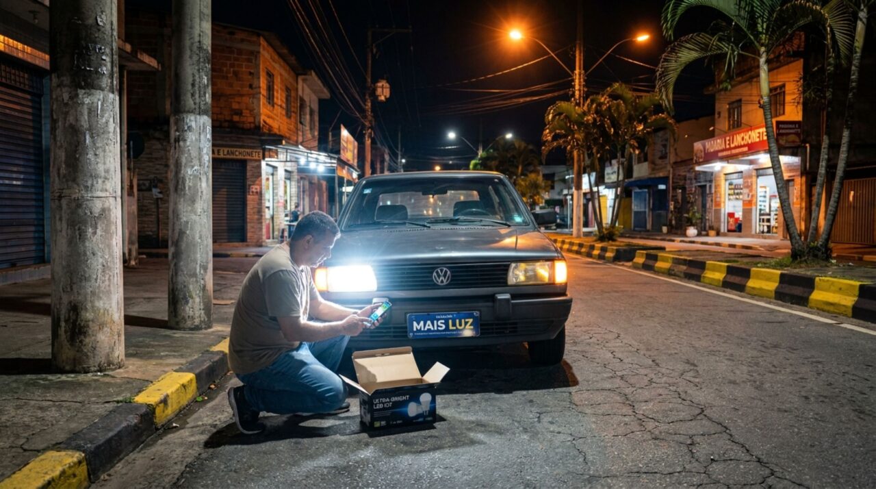 Motorista troca as lâmpadas dos faróis por um kit vendido na internet, é abordado à noite e questiona se a promessa de maior iluminação basta para autorizar a mudança