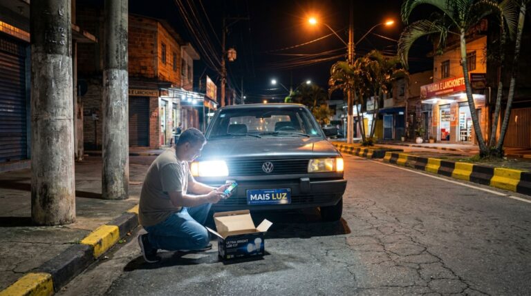 Motorista troca as lâmpadas dos faróis por um kit vendido na internet, é abordado à noite e questiona se a promessa de maior iluminação basta para autorizar a mudança