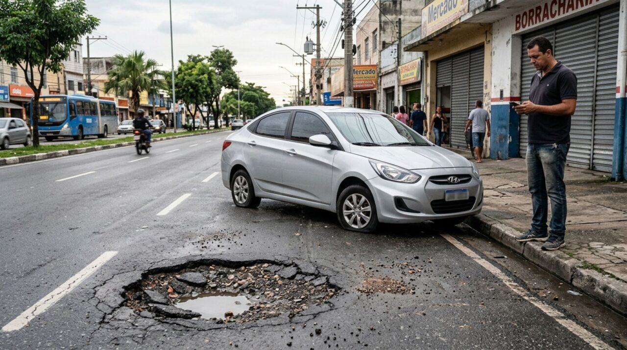 Motorista passa por um buraco profundo em uma avenida sem sinalização, tem dois pneus estourados e a suspensão danificada, e decide cobrar da prefeitura os prejuízos causados pela falta de manutenção da rua