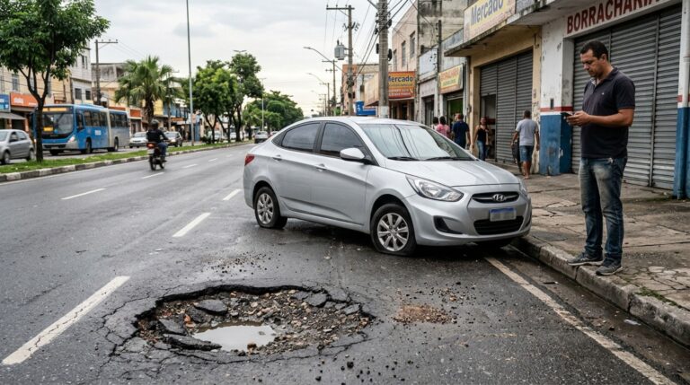 Motorista passa por um buraco profundo em uma avenida sem sinalização, tem dois pneus estourados e a suspensão danificada, e decide cobrar da prefeitura os prejuízos causados pela falta de manutenção da rua