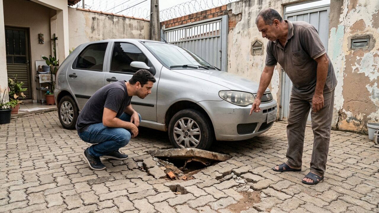 Motorista estaciona na entrada de uma casa durante uma visita e vê uma roda afundar numa tampa de concreto, mas o proprietário afirma que aquele trecho nunca foi preparado para receber veículo