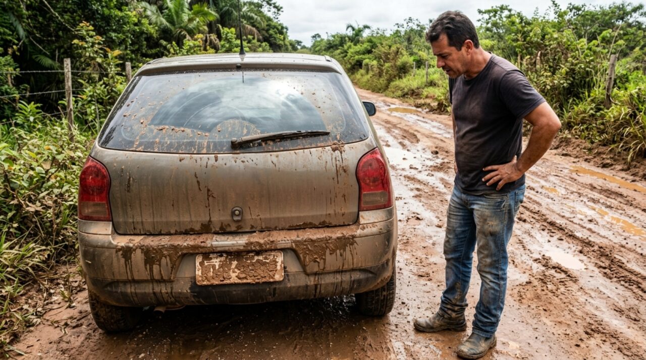 Motorista volta da estrada de terra com a placa coberta de barro e descobre que placa ilegível é infração grave