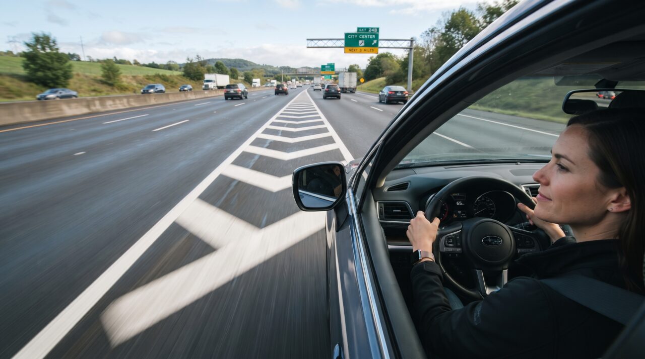 Motorista apressado corta o trânsito, passando por cima da faixa zebrada para acessar a saída da rodovia, e recebe multa multiplicada por três