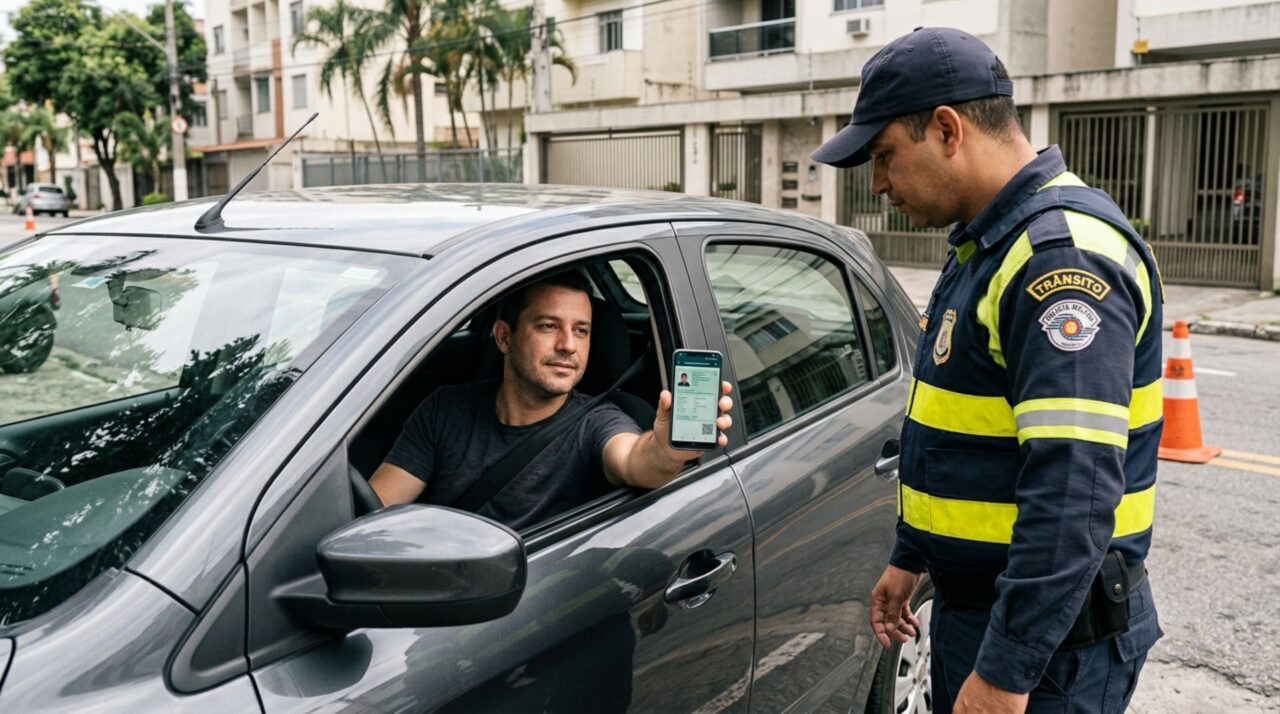 Motorista é parado por blitz de trânsito, ao ser requisitada sua CNH, o condutor afirma ter esquecido o documento físico em casa e acredita que sofrerá penalidades por isso, mas agente afirma que é possível liberá-lo com documentação eletrônica