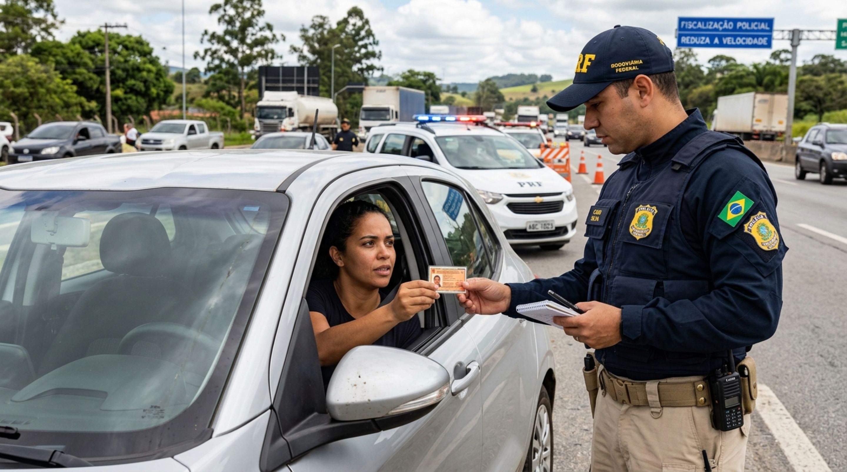 Condutora apresenta a identidade porque esqueceu a CNH, afirma que o documento comprova quem ela é e descobre que a fiscalização ainda precisa verificar se pode dirigir