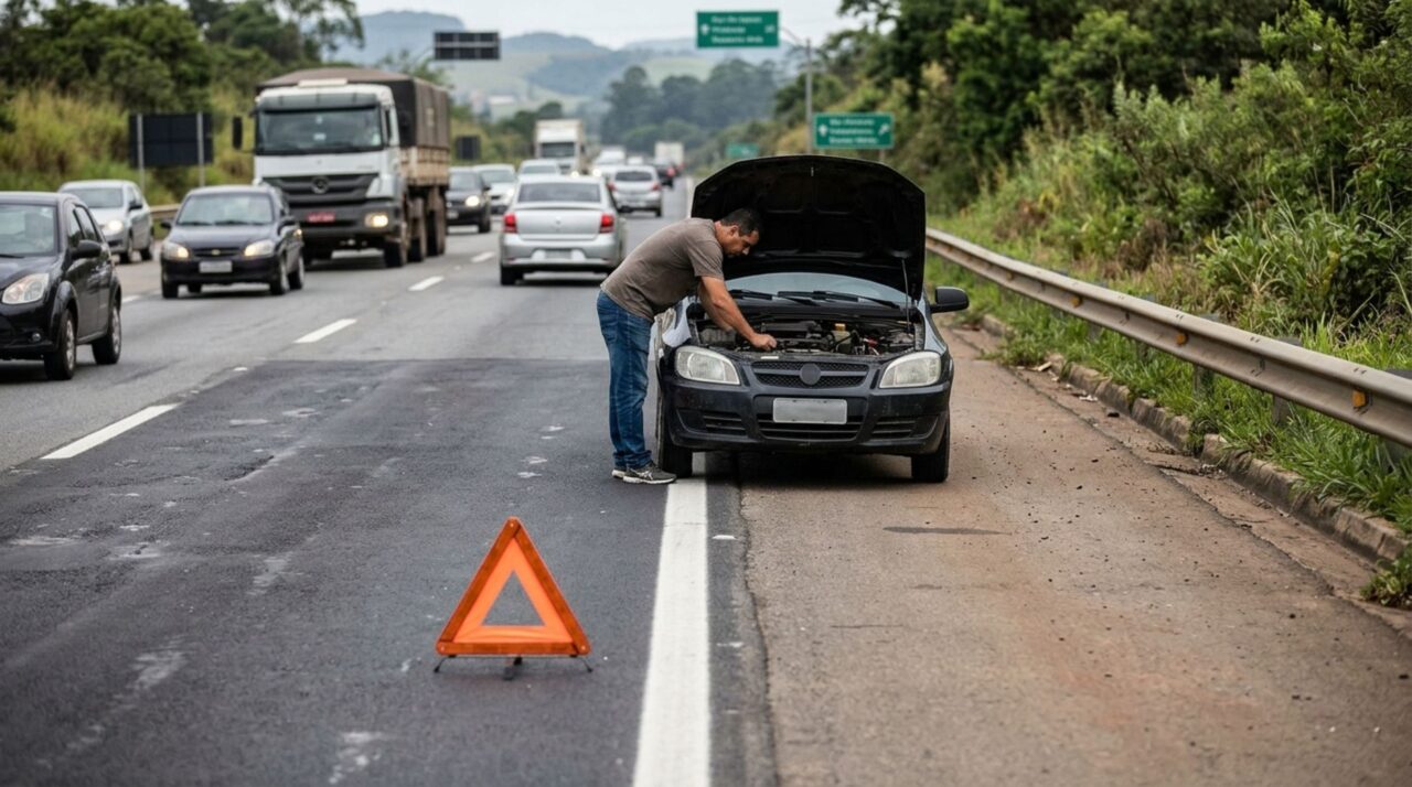 Motorista decide fazer um reparo no carro parado em plena rodovia mesmo podendo removê-lo: o CTB abre exceção apenas quando a retirada é impossível