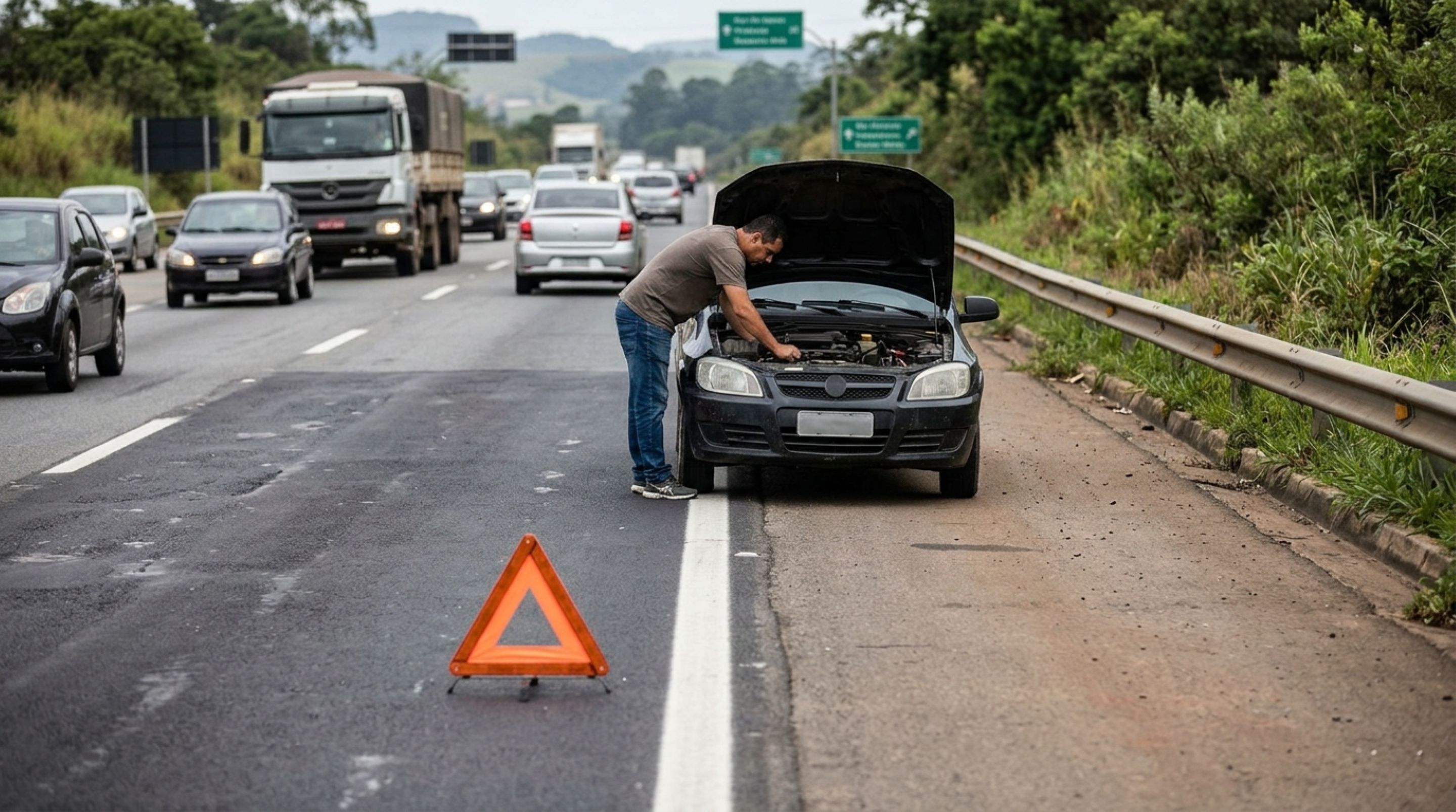 Motorista decide fazer um reparo no carro parado em plena rodovia mesmo podendo removê-lo: o CTB abre exceção apenas quando a retirada é impossível