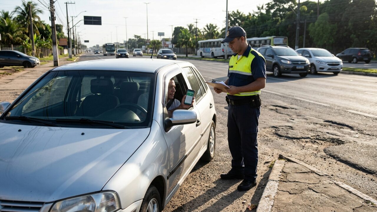 Motorista é parado durante uma viagem e percebe que o documento do carro está atualizado no aplicativo, mas a cópia impressa guardada no porta-luvas é do ano anterior