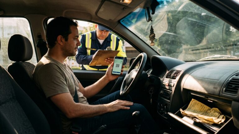 Motorista é parado durante uma viagem e percebe que o documento do carro está atualizado no aplicativo, mas a cópia impressa guardada no porta-luvas é do ano anterior