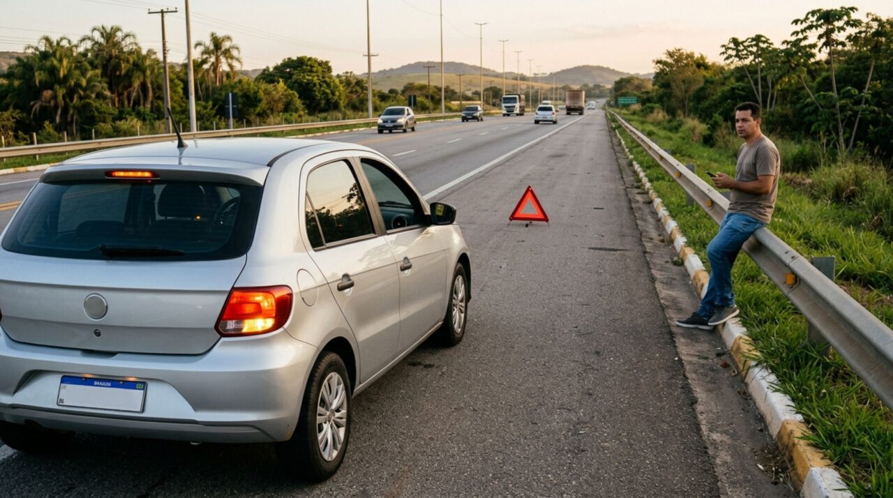 Motorista percebe que está ficando sem combustível durante uma viagem, ignora o último posto da rodovia e carro morre no meio da rua, agentes aparecem e condutor descobre que deixar o carro parar por falta de gasolina também pode resultar em multa
