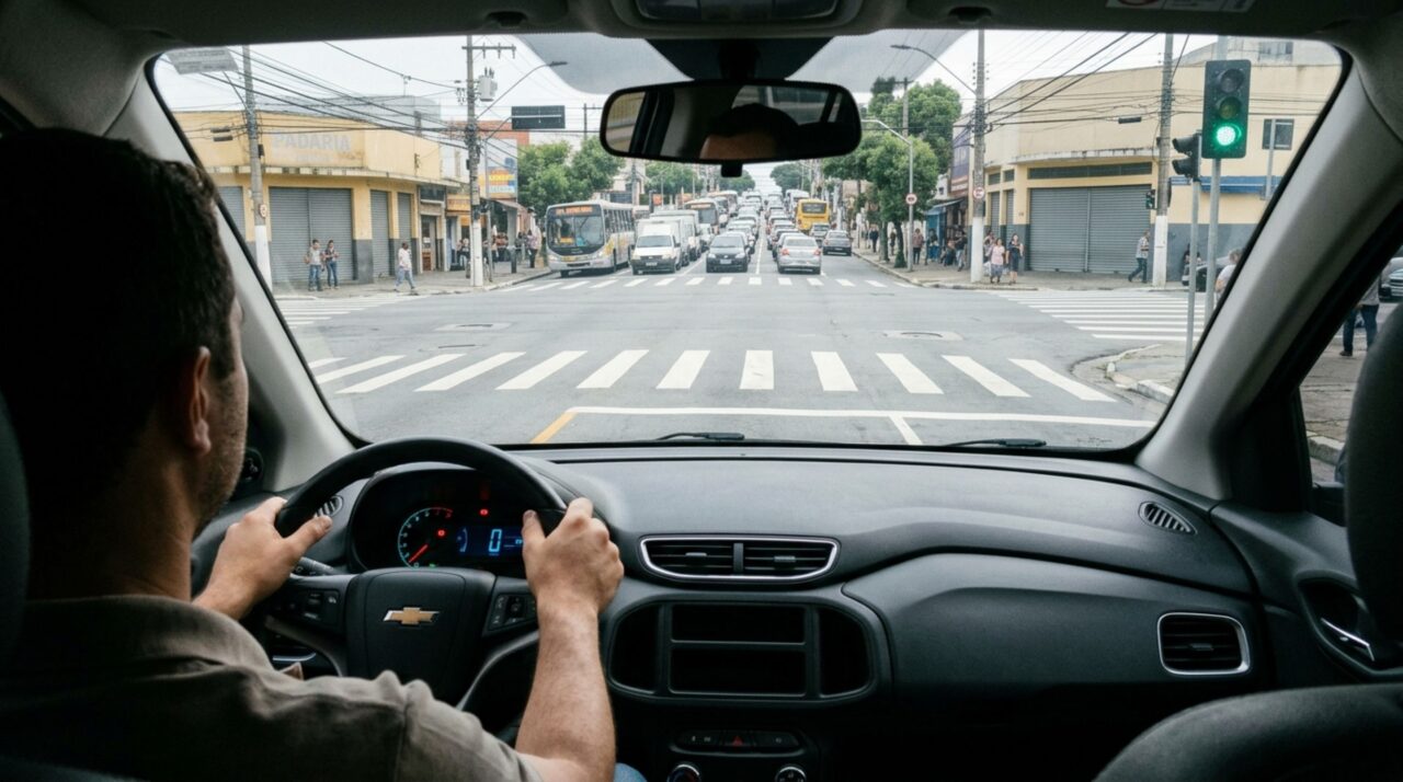 Motorista tenta atravessar um cruzamento quando o semáforo ainda está verde, fica preso no meio da via por causa do trânsito e descobre que a luz favorável não autoriza bloquear a passagem dos outros carros