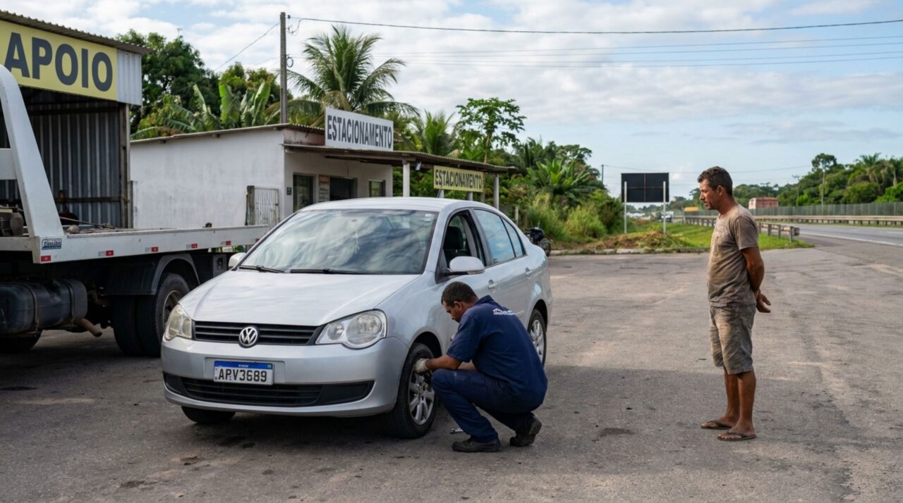Motorista para em uma curva de rodovia para verificar um barulho no carro e descobre que a escolha do local pode aumentar o risco de acidente