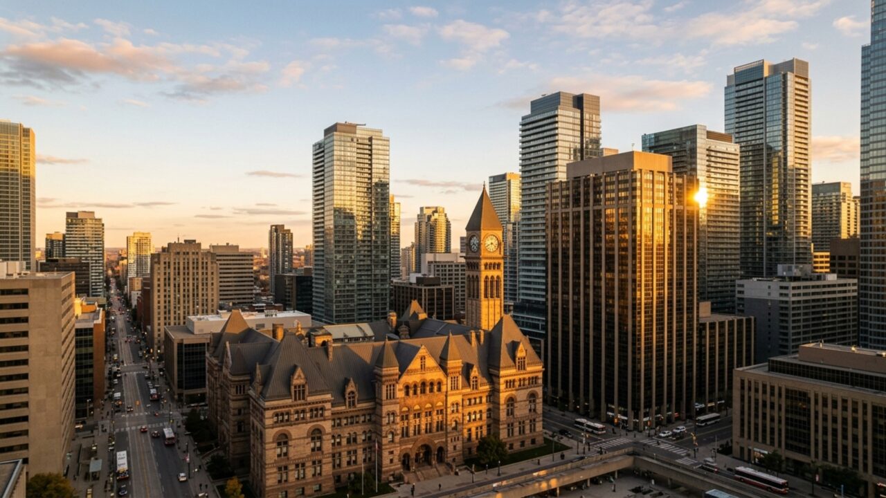 Uma caminhada pelo centro começa entre prédios históricos e termina diante de arranha-céus de vidro, mostrando como esta cidade canadense cresceu sem concentrar tudo em um único bairro