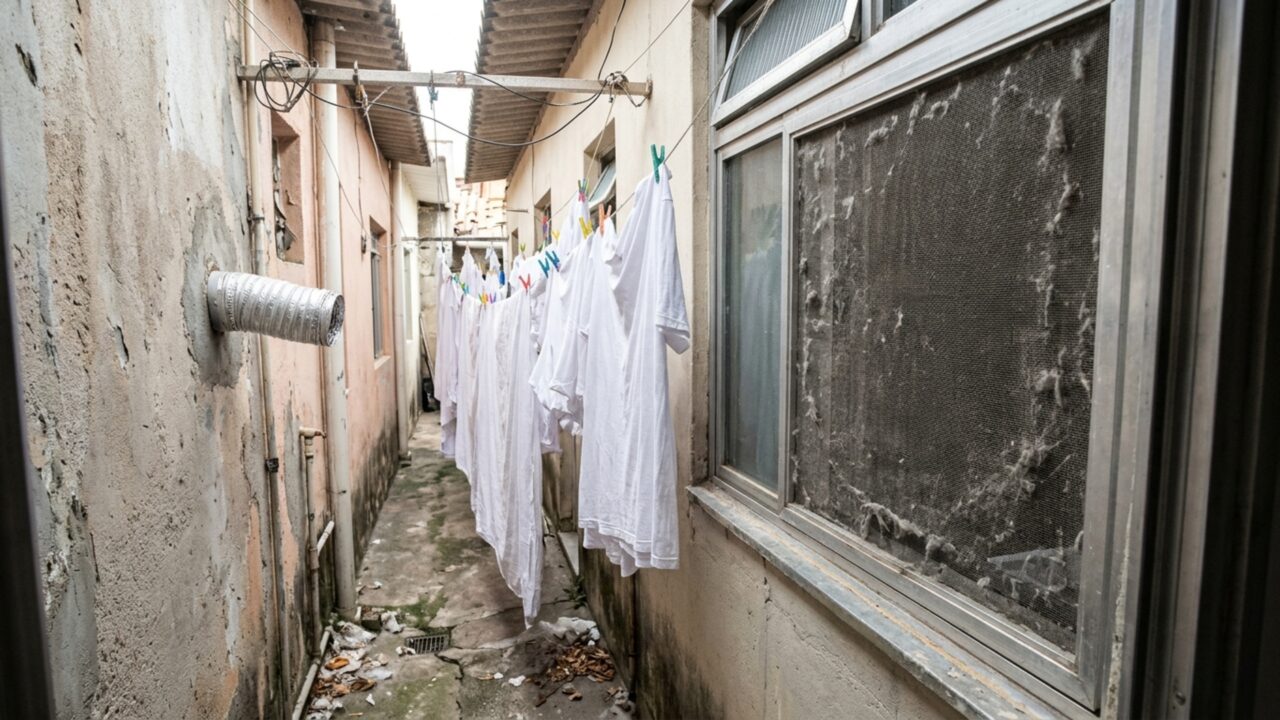 Moradora instala uma secadora na lavanderia e vizinha começa a encontrar fiapos nas telas das janelas e sobre as roupas que deixa secando no corredor lateral