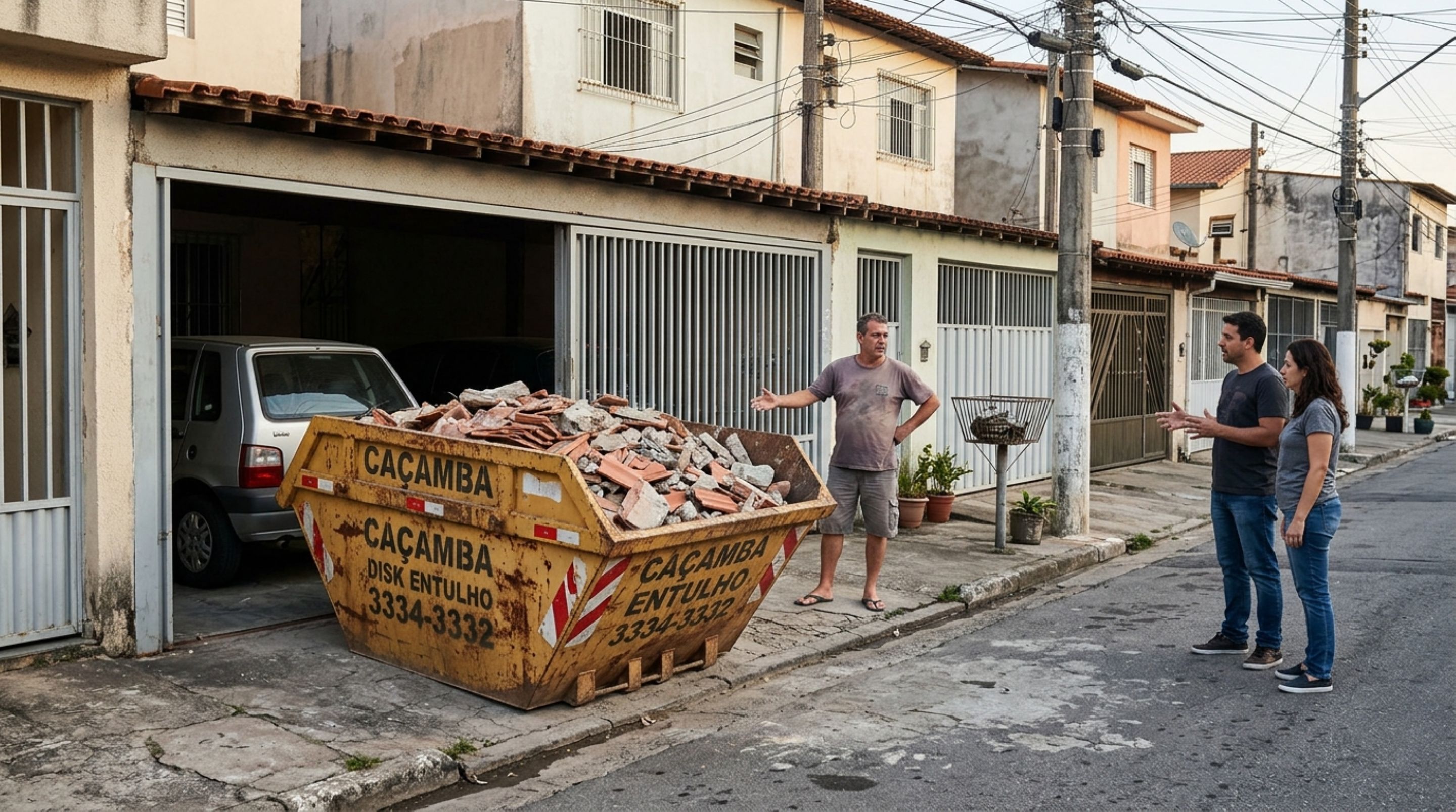 Família contrata uma caçamba para retirar entulho da reforma e descobre que a empresa deixou o equipamento bloqueando a garagem do vizinho durante todo o fim de semana