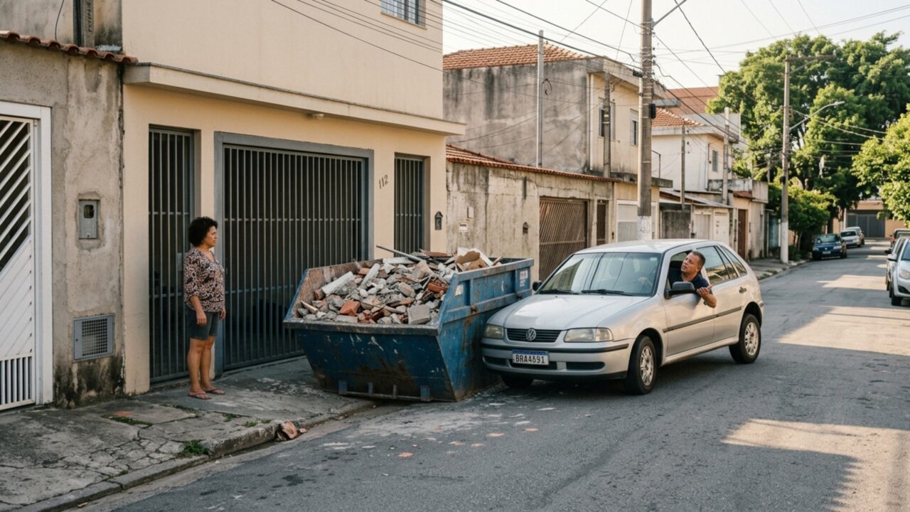 Moradora chega em casa e encontra o portão preso porque vizinho estacionou caçamba de obra exatamente diante da entrada da garagem