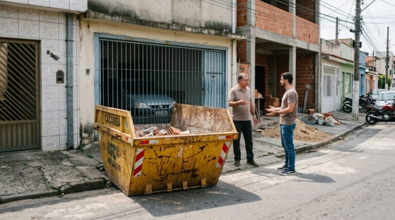 Morador encomenda uma caçamba para retirar os restos da reforma, empresa coloca o equipamento diante da garagem vizinha e proprietário recebe cobrança pela remoção, mas contrato indica outro ponto de instalação