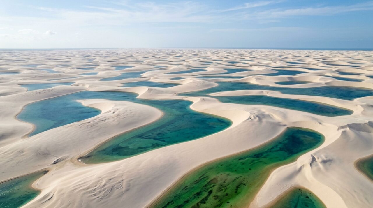 Parece um deserto visto do espaço, mas recebe cerca de 125 cm de chuva por ano e enche centenas de lagoas entre dunas de até 30 metros
