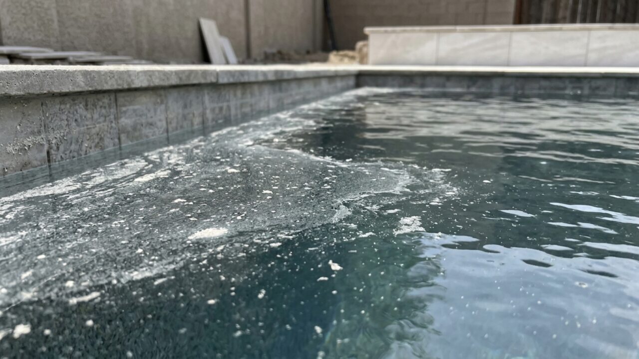 Vizinho corta porcelanato no quintal durante uma reforma e família encontra uma camada de pó sobre a piscina que havia acabado de limpar para receber os parentes no fim de semana