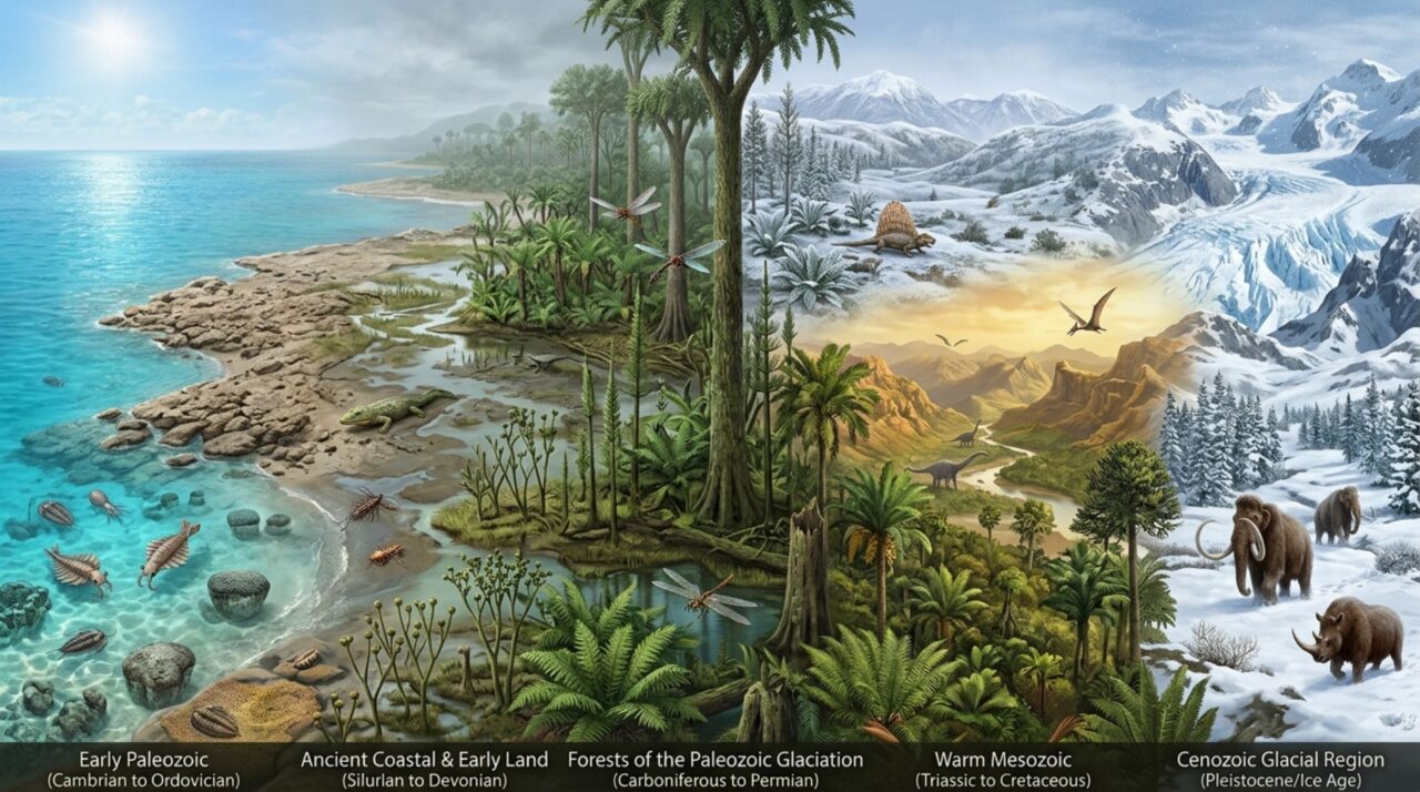 Cinco estados gigantes de clima se repetiram durante 539 milhões de anos e extinções ficaram mais comuns perto das grandes transições