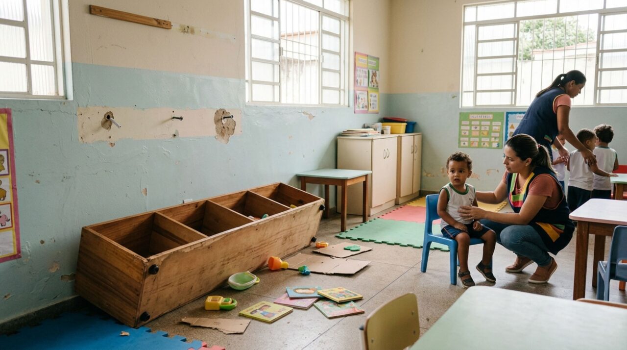 Mãe leva o filho à creche municipal, descobre que uma prateleira se soltou da parede durante uma atividade e atingiu a criança, e decide cobrar do município os danos causados dentro da instituição
