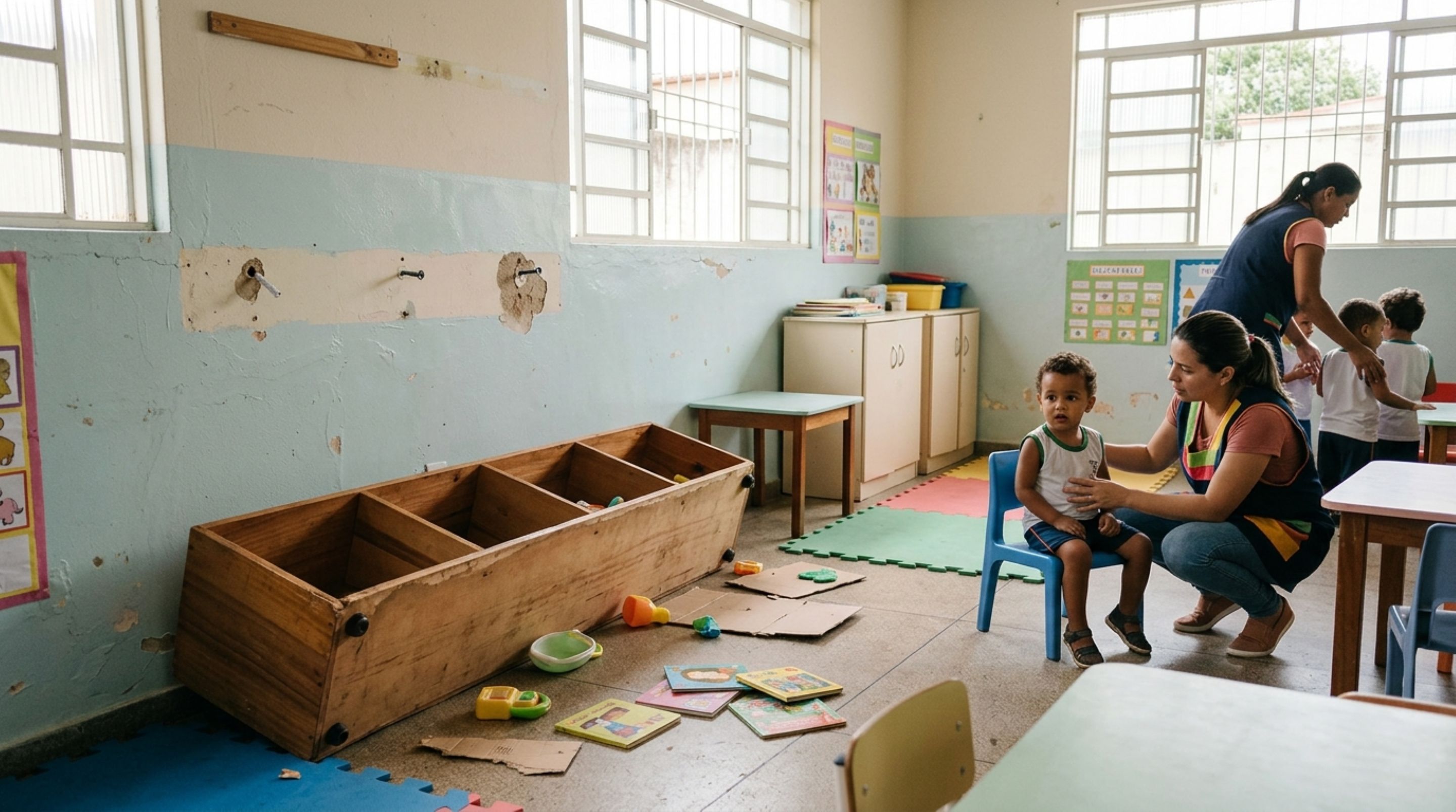 Mãe leva o filho à creche municipal, descobre que uma prateleira se soltou da parede durante uma atividade e atingiu a criança, e decide cobrar do município os danos causados dentro da instituição