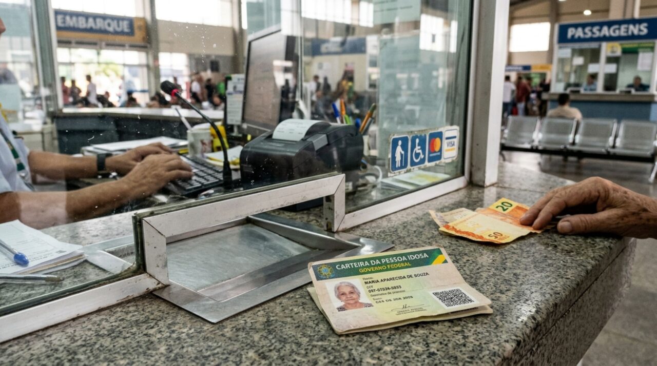 Carteira da Pessoa Idosa sobre balcão de atendimento de rodoviária, utilizada para solicitar benefícios em passagens interestaduais