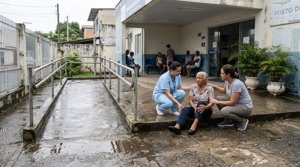 Família leva uma idosa a um posto de saúde, ela escorrega em uma rampa molhada sem aviso de risco e os parentes procuram indenização pelas despesas com a fratura sofrida na entrada da unidade