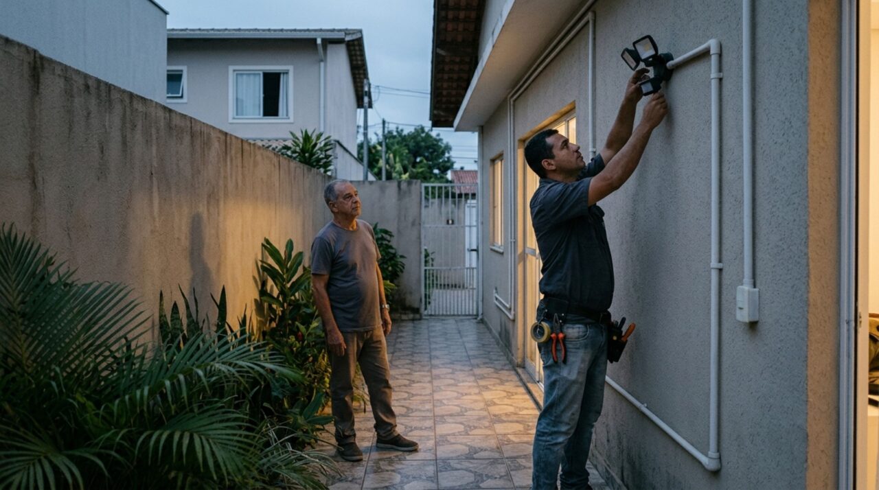 Morador coloca uma luminária com sensor de movimento no corredor externo para evitar invasões, e vizinha percebe que a luz acende toda vez que alguém passa pela janela do quarto