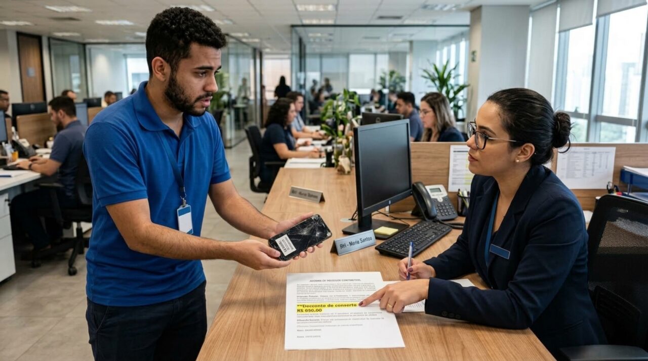 Funcionário pede demissão, devolve o celular corporativo com a tela trincada e a empresa desconta o conserto da rescisão: o que a CLT permite