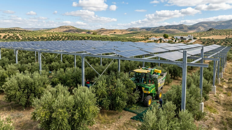 Empresa petrolífera instala 5.150 painéis solares a mais de 4 metros acima de suas oliveiras para que a ceifeira possa caber por baixo